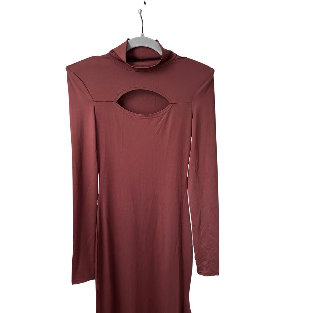 Womens Brown Cut Out Bodycon Maxi Dress Small Long Sleeve Mock Neck Shoulder Pad - Picture 8 of 9